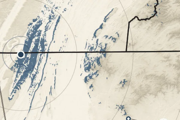 Detail of the Lover&rsquo;s Leap viewshed: visible ridges in blue, range rings, and the observer&rsquo;s position.