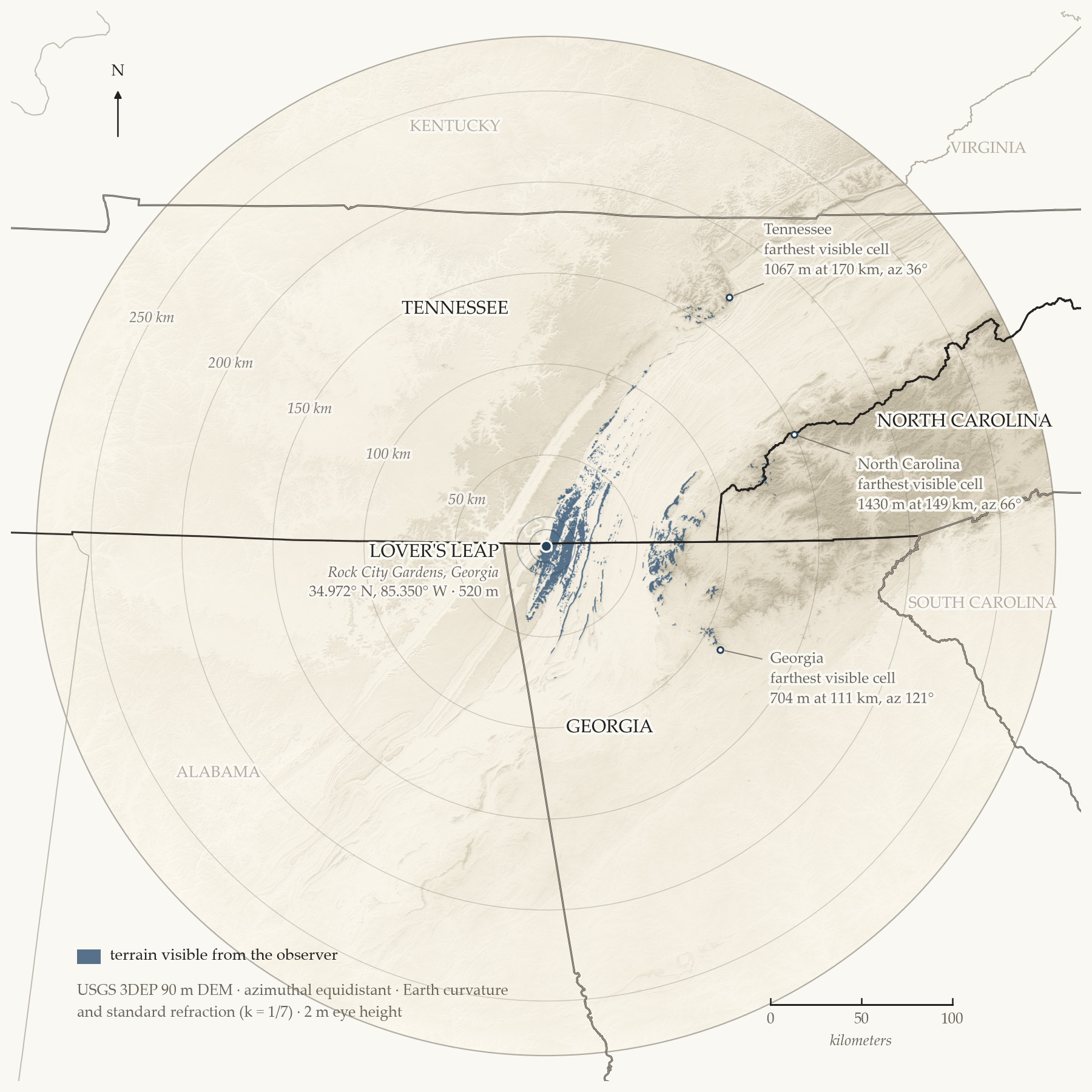 Viewshed map centered on Lover’s Leap, 280 km radius. Blue marks terrain visible from the observer: long streaks along the Tennessee River valley immediately north and east, and small scattered patches reaching into the North Carolina mountains. Georgia, Tennessee and North Carolina are outlined in black as visible; Alabama, South Carolina, Kentucky and Virginia are grayed out.